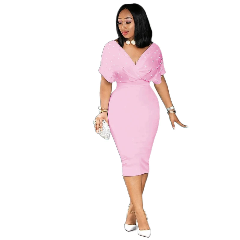 
Sexy butterfly sleeves V-neck solid color elegant bag hip pencil skirt plus plain fashion pearl professional tight dress 