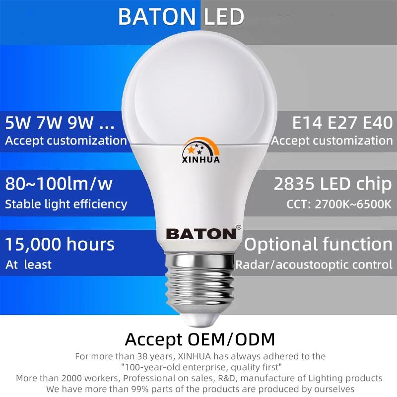 BATON 12w e27 led bulb 3000k pcb light with stamping aluminum radiator
