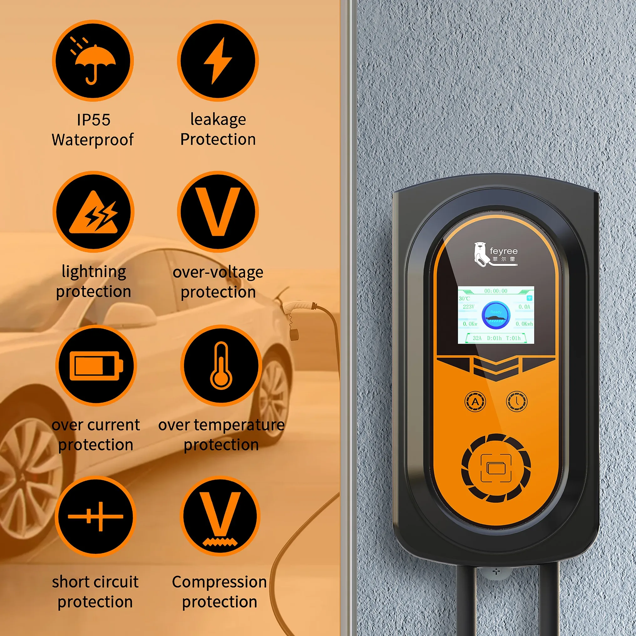 Feyree electric car wallbox 7.6kw  8A 10A 13A 16A 32A RFID Card ev charging station for Tesla