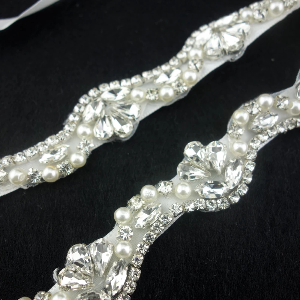  Женский узкий свадебный пояс с кристаллами и жемчугом 2 см серебряный со стразами 1 атласный ленточный для невесты