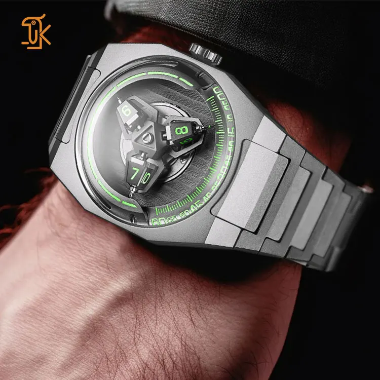 Custom Limited Edition Mechanical Watches with Titanium Strap And Case Spinner Wandering Hour Curved Glass Automatic Watch