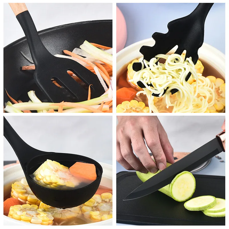 Online Hot Sale 19pcs wood handle silicone kitchen utensil sets with storage holder cooking tools