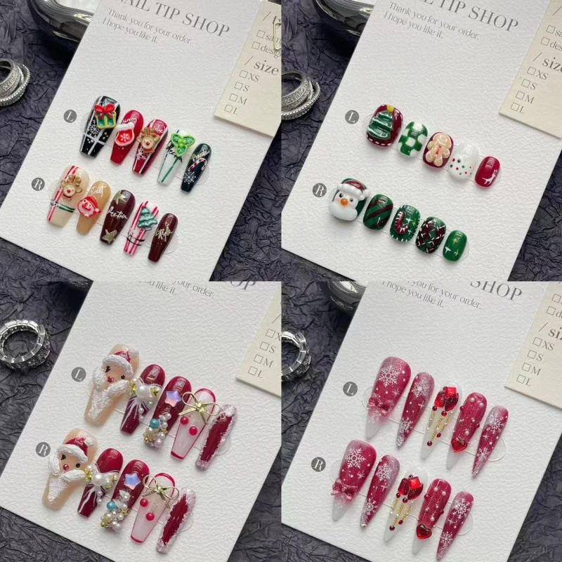RTS Christmas Nail Collection Handmade Luxury Press on Fake Nails Tips Charms Artificial Fingernails Art False Nails Press ons