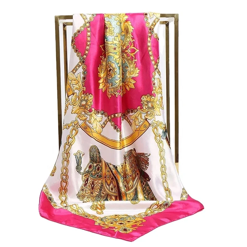 Шелковый шарф для женщин, роскошный бренд, индивидуальный дизайн, конный принт, квадратный платок, искусственный атлас, головной платок, хиджаб, шарфы для женщин 90*90 см