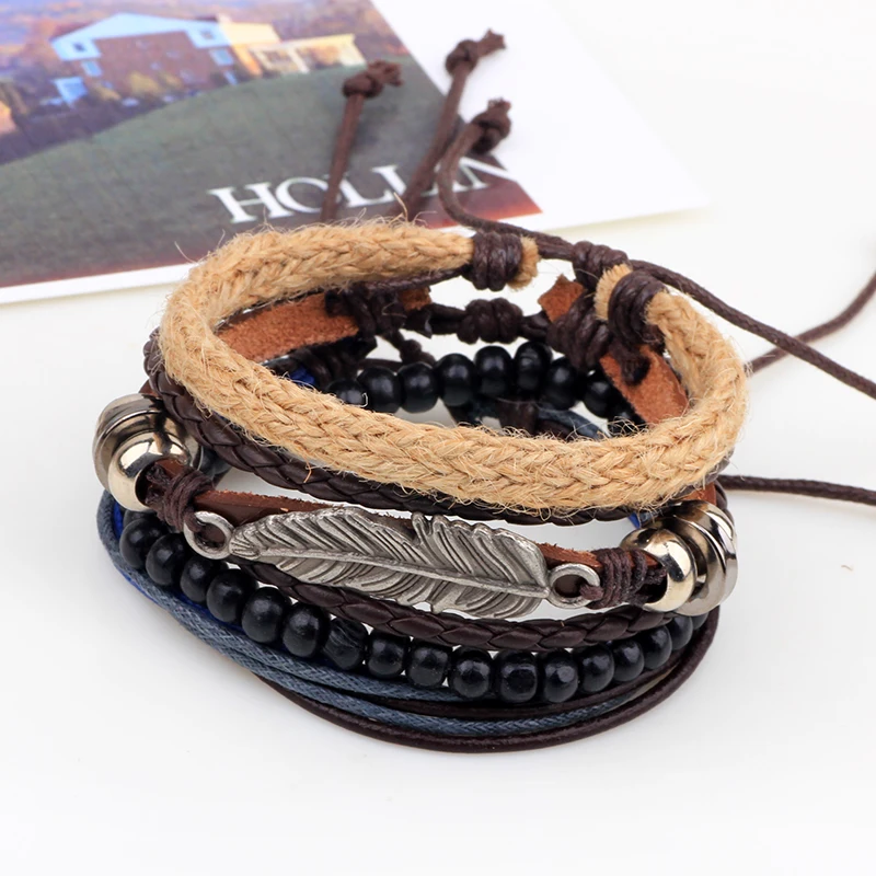 Fashion Retro Set Bracelet Cowhide Braided Hemp Rope Wooden Beads Multiple Combination Hand Ornaments Yiwu Jewelry