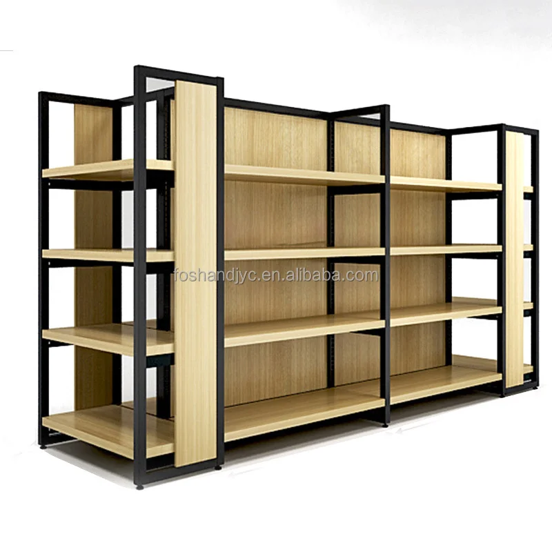Steel and Wood Shelving Double-sided Display Cabinet Floor Combination Light Duty Supermarket Storage Mall Rack