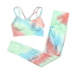 Custom logo 3 piece seamless purple tie dye jacquard new popular yoga sets