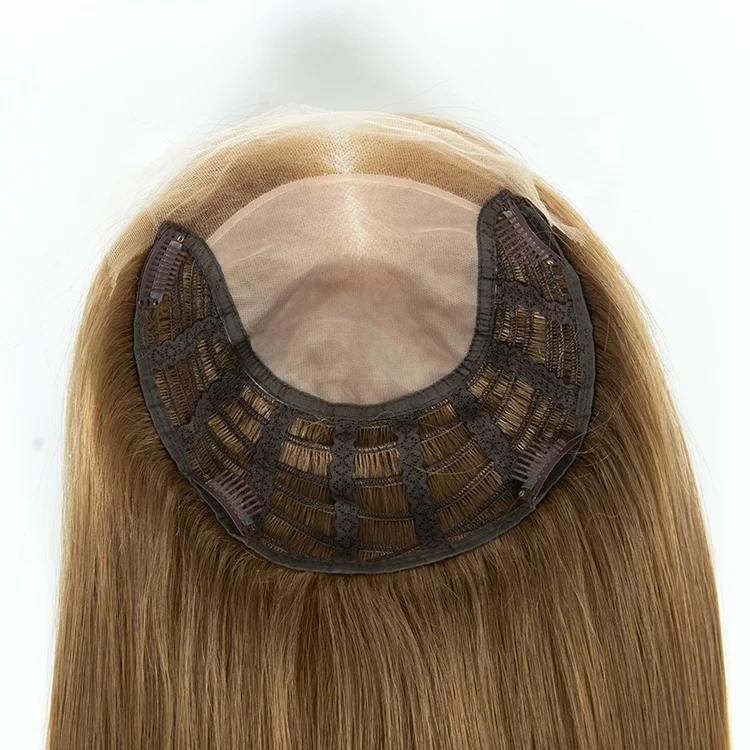 Wholesale Russian Human Hair Topper Swiss Lace Natural Hair Toppers For Women 18/#46 Ombre Silk Base Human Hair Topper With Weft