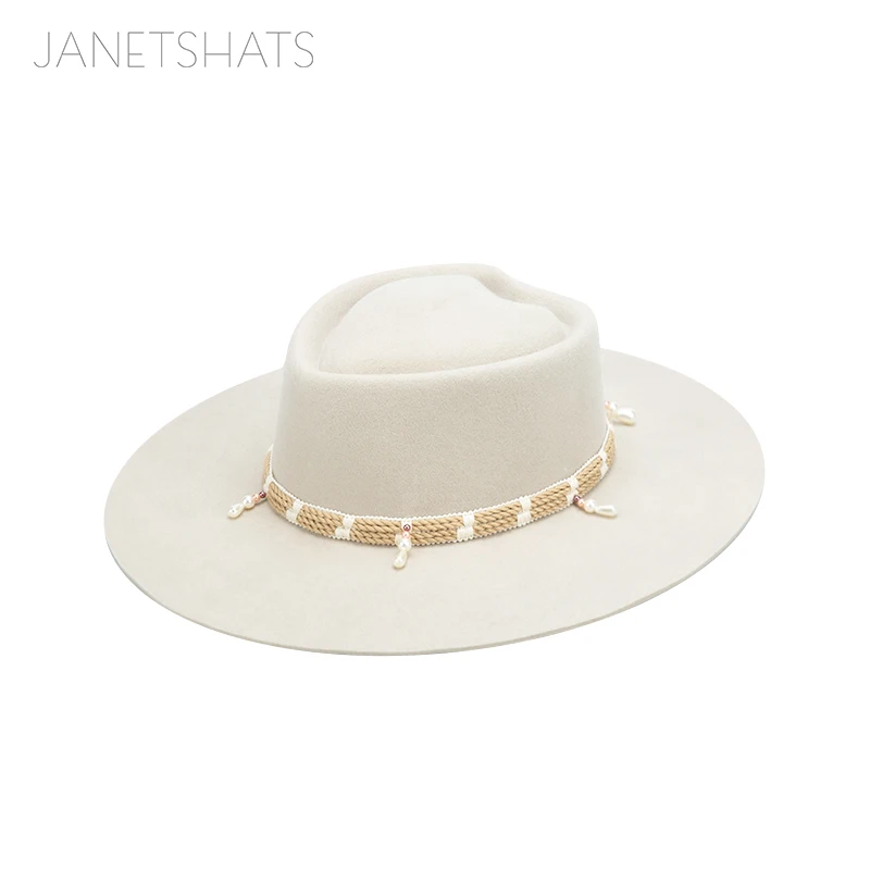 Custom Vintage Design 100Australia Wool Felt Satin Lined Heart Prok Pie Fashionable Beige Wide Brim Fedora Hat With Rope Band