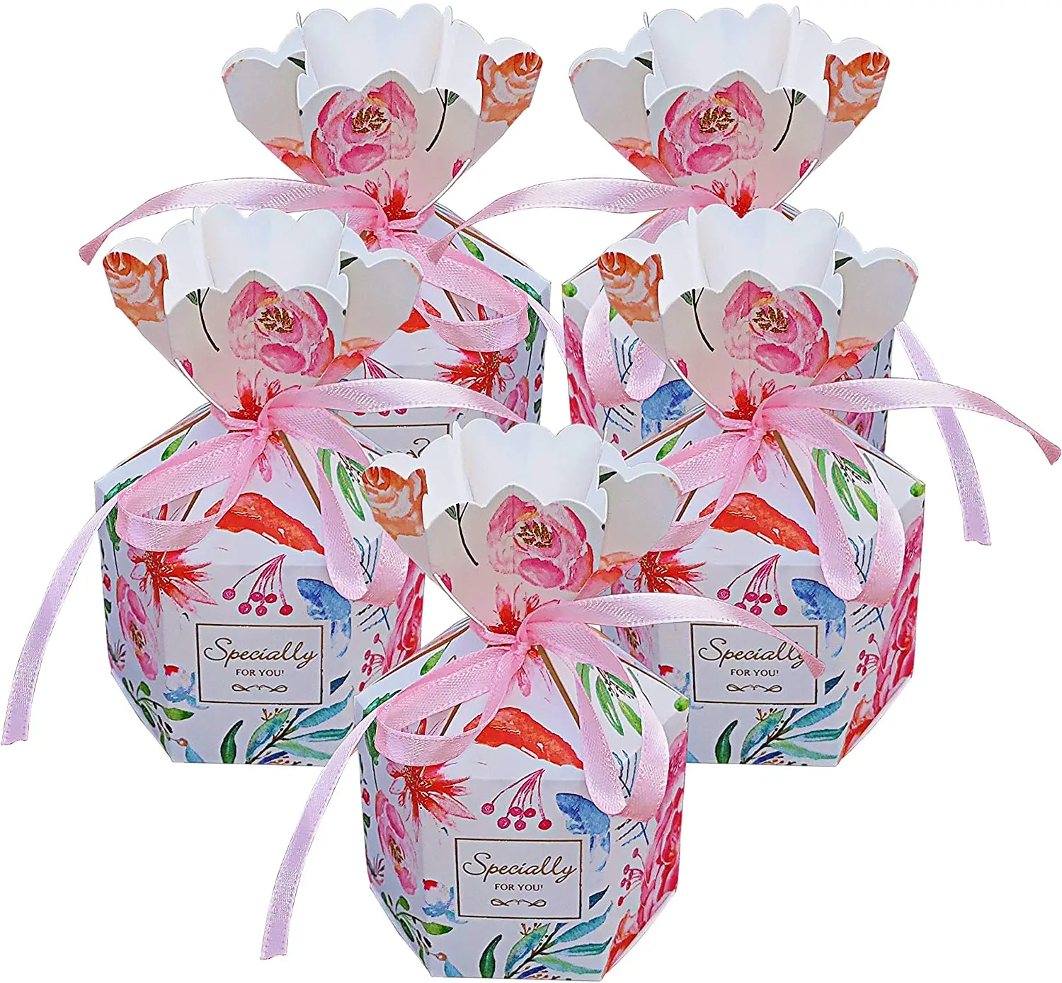 50 Pcs Floral Pattern Vase-Shaped Candy Boxes Wedding Birthday Party Favor with Pink Ribbon Decoration (Pink Flowers)