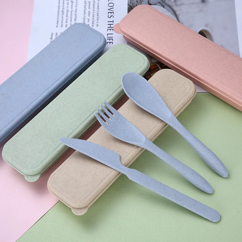 Eco-friendly Wheat Straw Spoon Fork Knife Set Cutlery Camping Plastic Travel Flatware Sets Portable