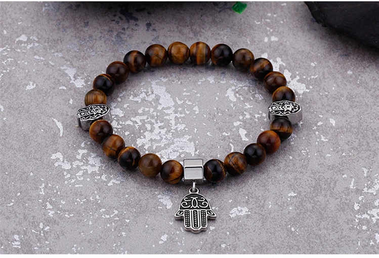 Vintage Stainless Steel the Hand of Fatima Hamsa Charms Natural Stone tiger Eye Beaded Bracelet Jewelry Wholesale for Men