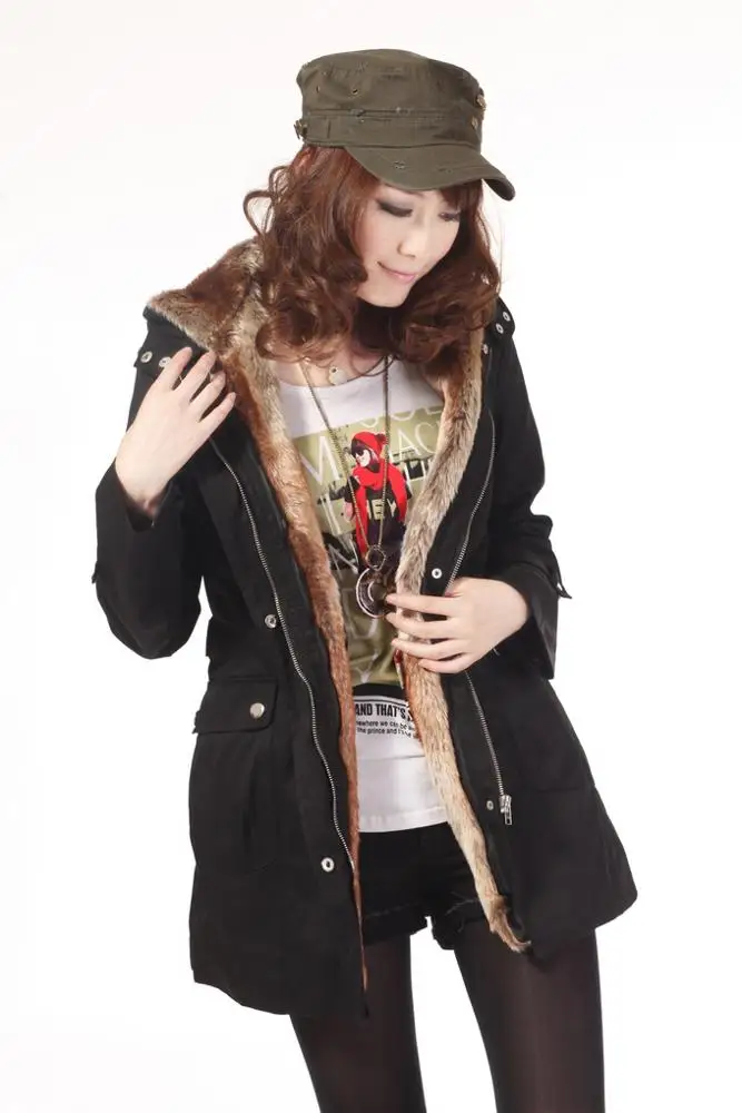 Fashion Womens Winter Warm Long windbreaker Cotton-padded Faux Fur Lining Parka Jacket