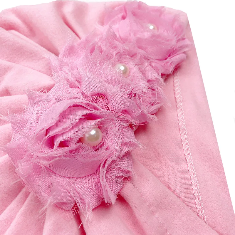 Flower Design Baby Turban Hats Solid Color Soft Cloth Caps for Newborn Baby Girls