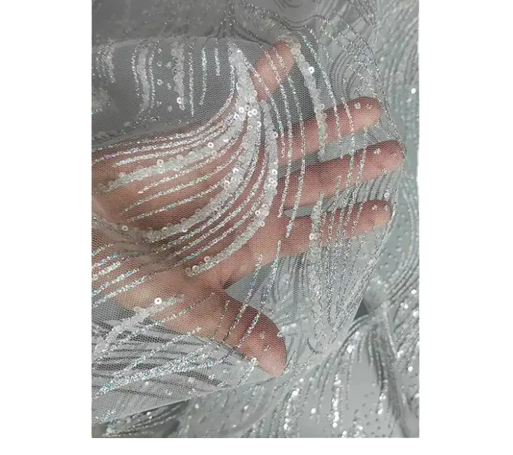 Good Quality African Floral Design White  Tulle Lace Fabric luxury Mesh Elegant Wedding Dress Crystal Lace Fabric