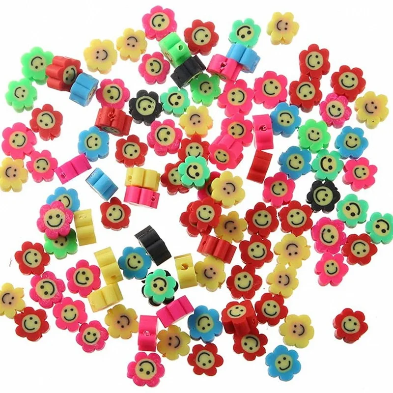 Colorful Flower Handmade Polymer Clay Beads 100pcs/bag Cartoon Animal Fruit Smiley Face Diy Polymer Clay Beads