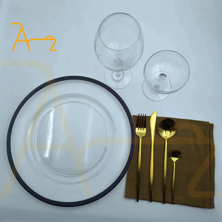 Custom round clear black rim plastic plates disposable party dinner food 6 7 9 10.25 inch pp / ps parties dishes
