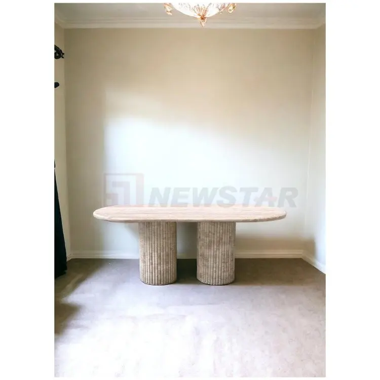 Newstar Luxury Customized Natural Beige Travertine  Stone Furniture Dining Table Fluted Oval Marble Travertine Dining Table