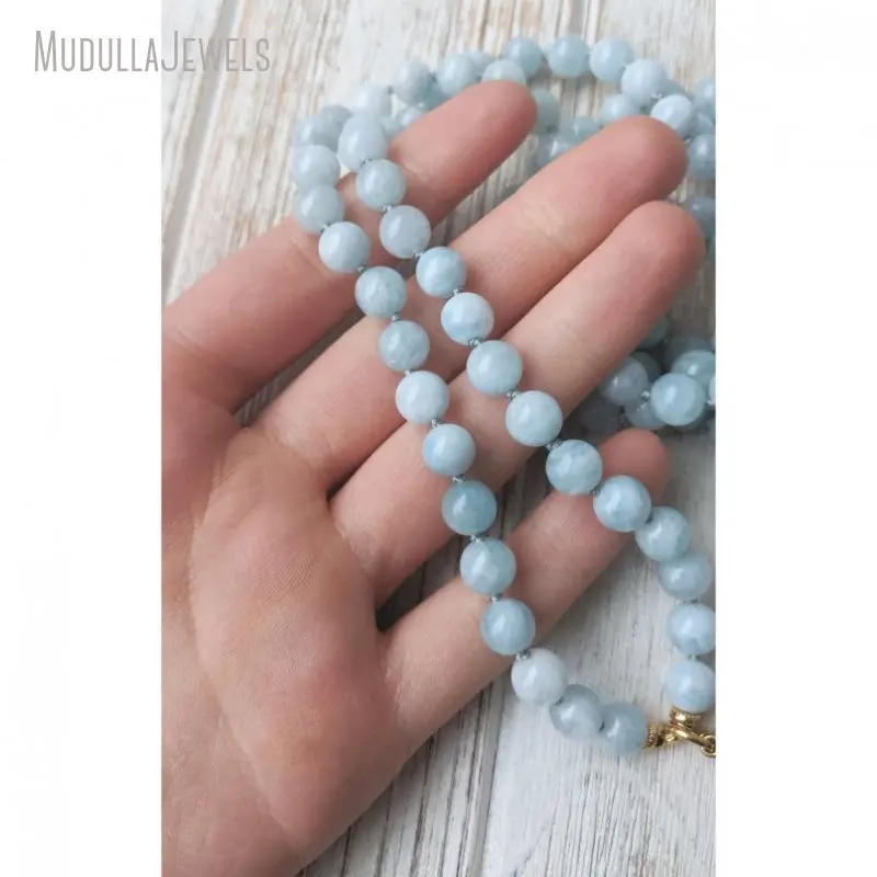 MN31559 Wisdom Healing Egyptian Goddess Isis Aquamarine  Mala Bead Necklace 108 Mala NECKLACE with Crescent Charm