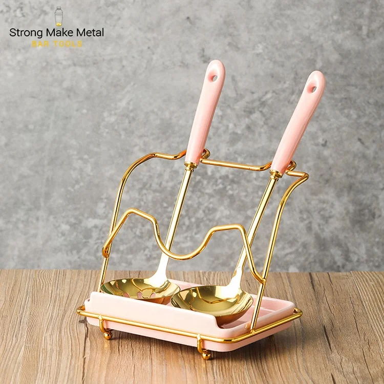New arrival Gold stainless steel 304 Korean hot pot soup slotted spoon long handle large household Spoon rest with lid holder
