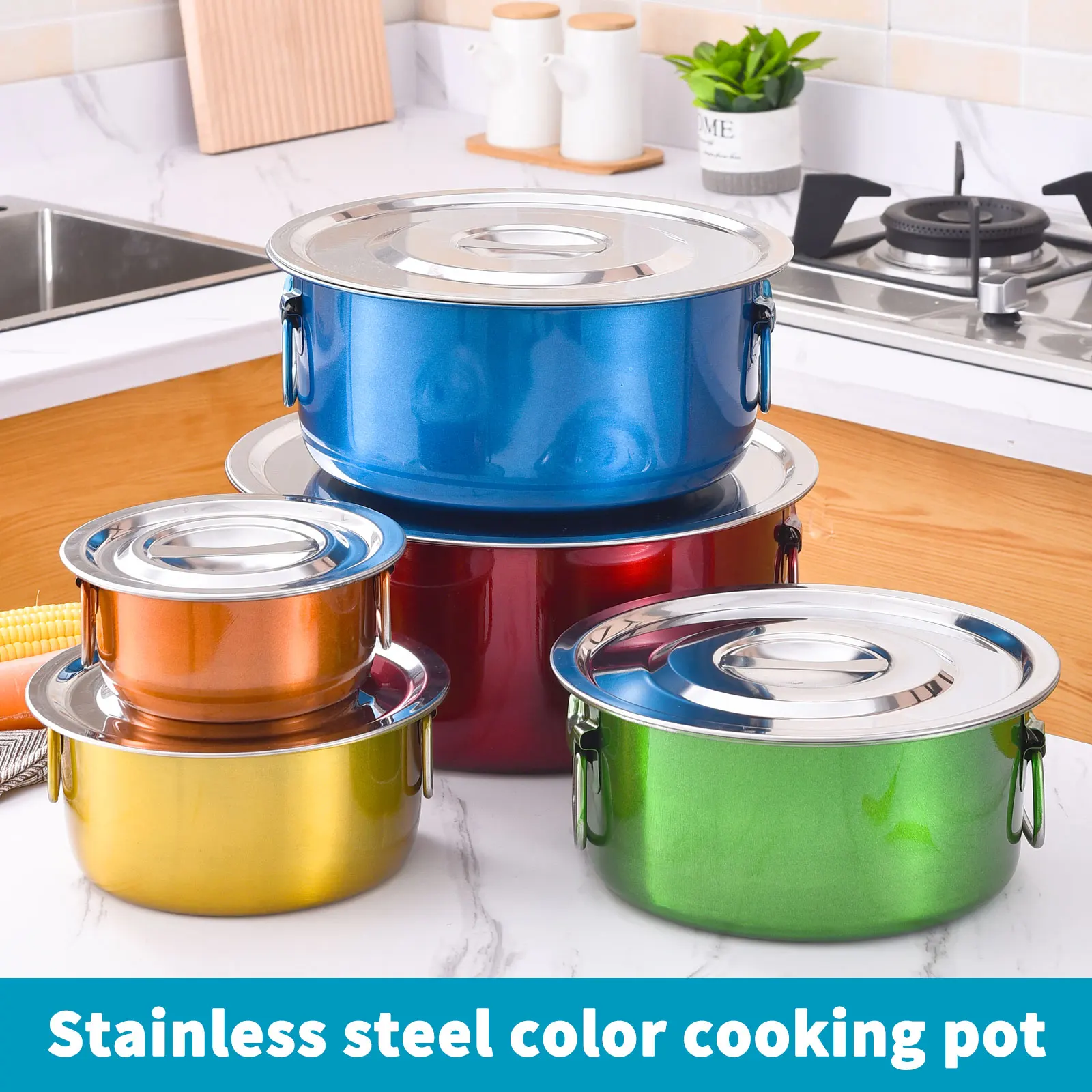 Premium Non Stick Cookware Pots 410 Stainless Steel 5 Piece Paint Polishing Cooking Pot Set With Handle