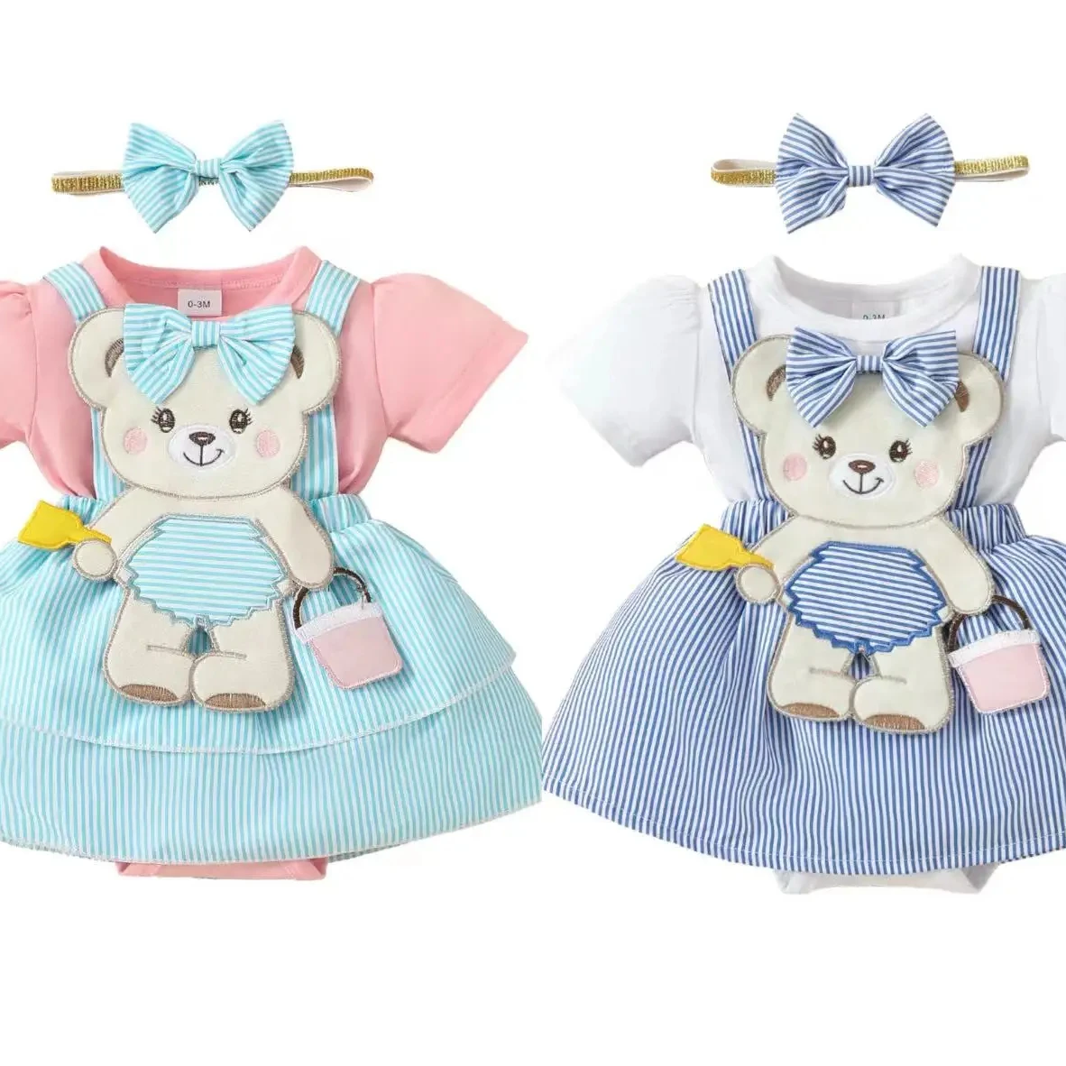 Wholesale Newborn Baby Girls Jumpsuit Baby Ruffled Short Sleeve Cartoon Romper Dress Cute bear print striped dress Baby onesie