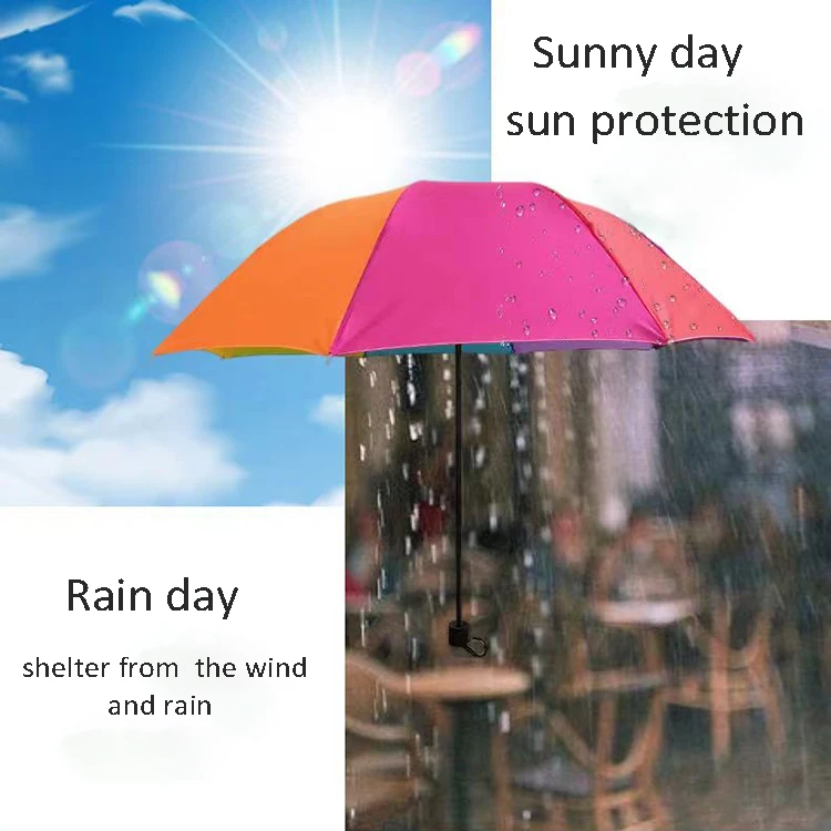 Best Sell Fashion 10k Rain And Sun Wind Resistant Tri-fold Portable Rainbow Umbrella