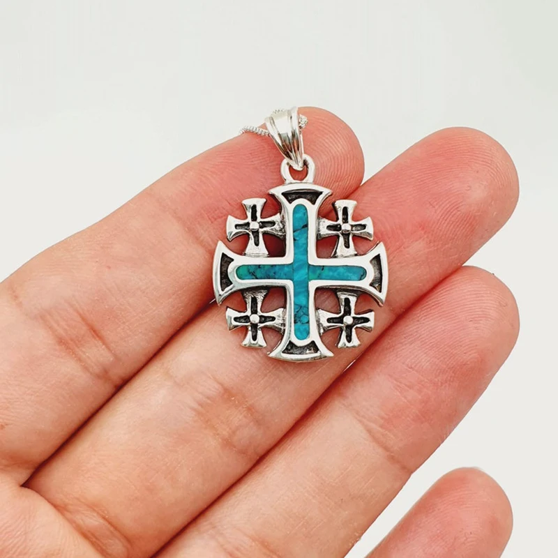 High Quality Gold Plated Men Solid 925 Sterling Silver Holy Orthodox Opal Stone Jerusalem Cross Pendant Chain Necklace