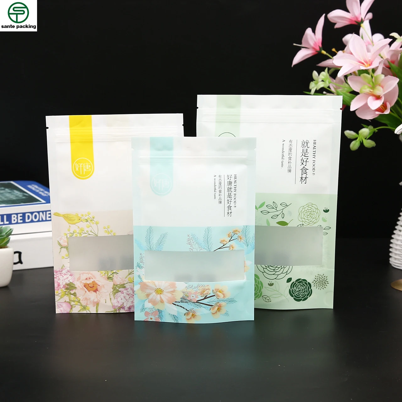 Customized Waterproof Food Packaging Tea Coffe Pop-corn Dried Fruits Snacks Coolies Stand Up Pouch With Open Window
