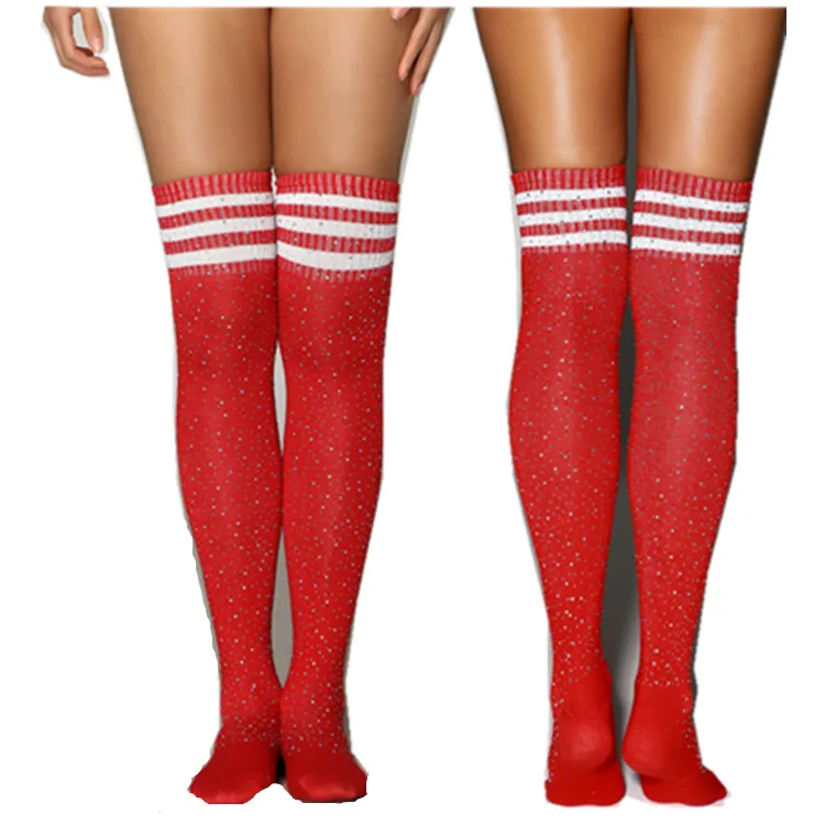 Fashion College Style Rhinestone Socks Three-bar Striped Student Socks Women Over Knee Socks
