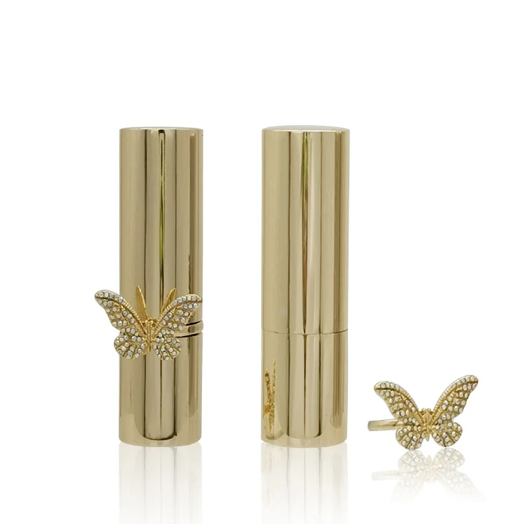 3.5g custom shiny gold metal/aluminum  lipstick cases/tubes/container with diamonds butterfly ring