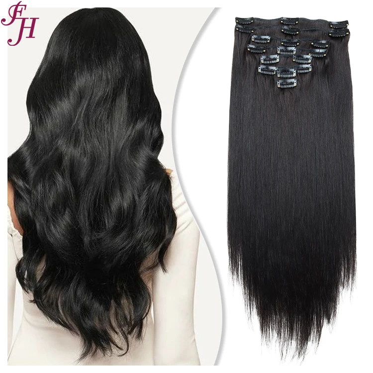 FH wholesale unprocessed clip ins human hair natural black seamless clip in hair cambodian human hair extensions