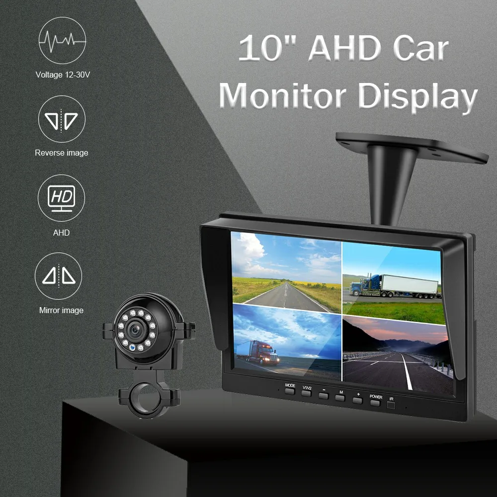 Car Monitor 10 inch AHD 4ch Recorder Car Screen to Auto Truck IR Rear View Camera Security Surveillance Split Screen Quad