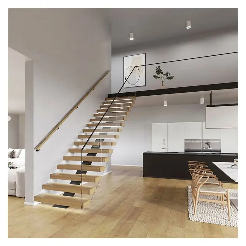 Alucasa Australian Style Indoor Glass Wood Staircase Floating Straight Stairs with Led Tread