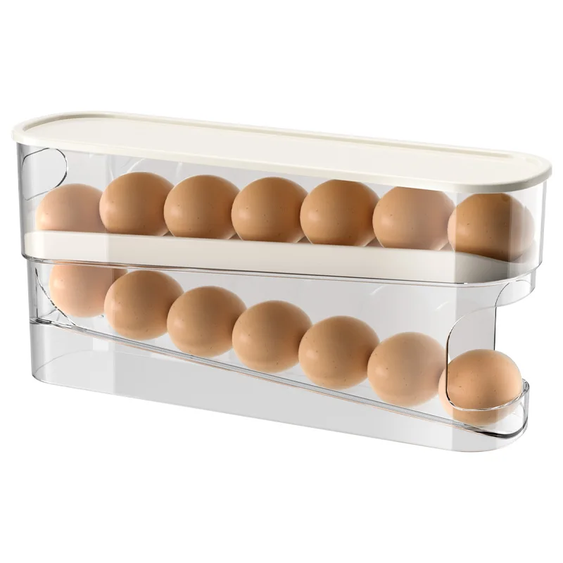 Auto rolling 2 tier fridge egg dispenser box sliding egg tray plastic egg storage container organizer holder for refrigerator