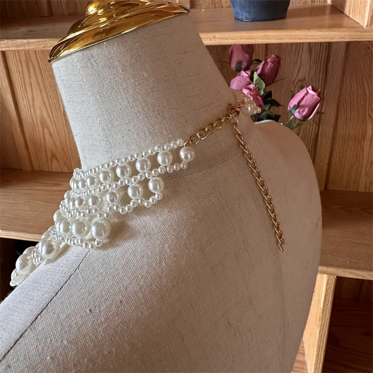 Women Hollow Out Woven Imitation Pearl Necktie Necklace Retro Weaving Beaded Vintage Jewelry Choker Big Flower Shirt Tie Collar