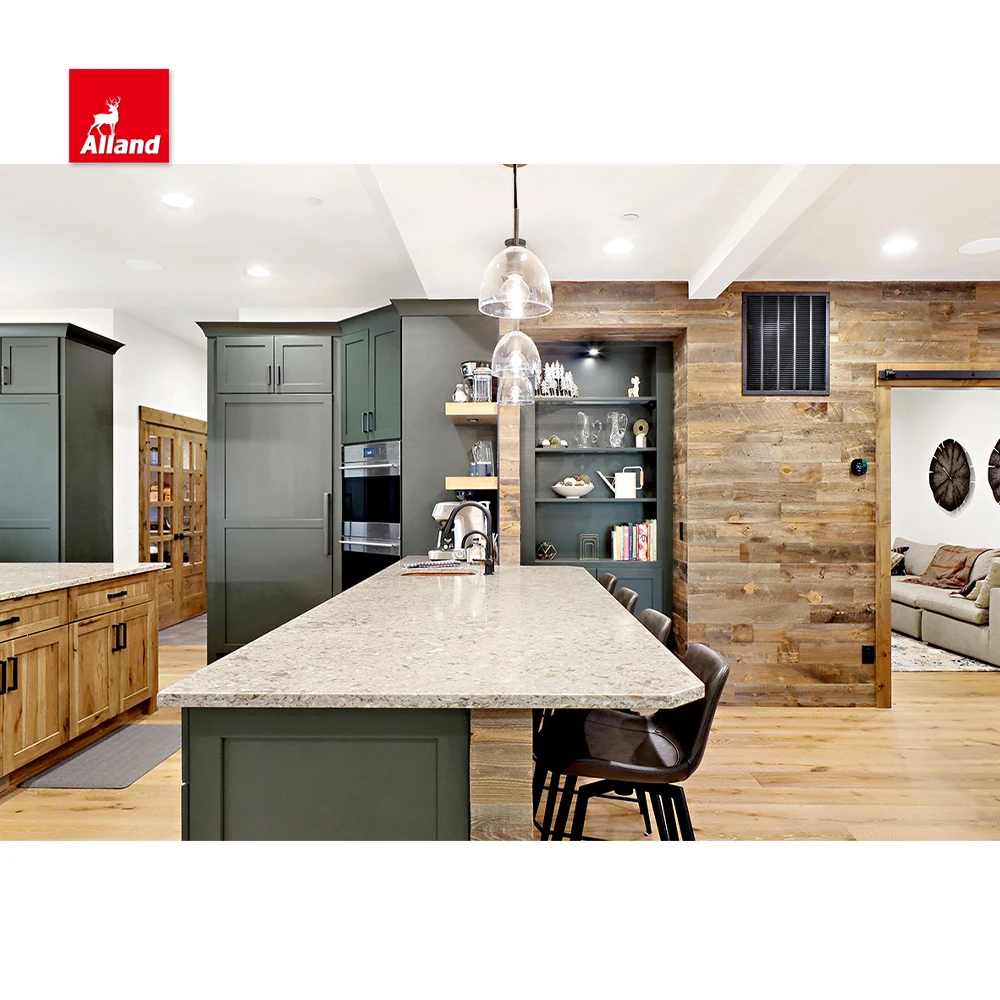 AllandCabinet Blue Painted and Brown Stained Oak Solid Wood U Shaped Shaker Style Kitchen Cabinet Two Tone with Island