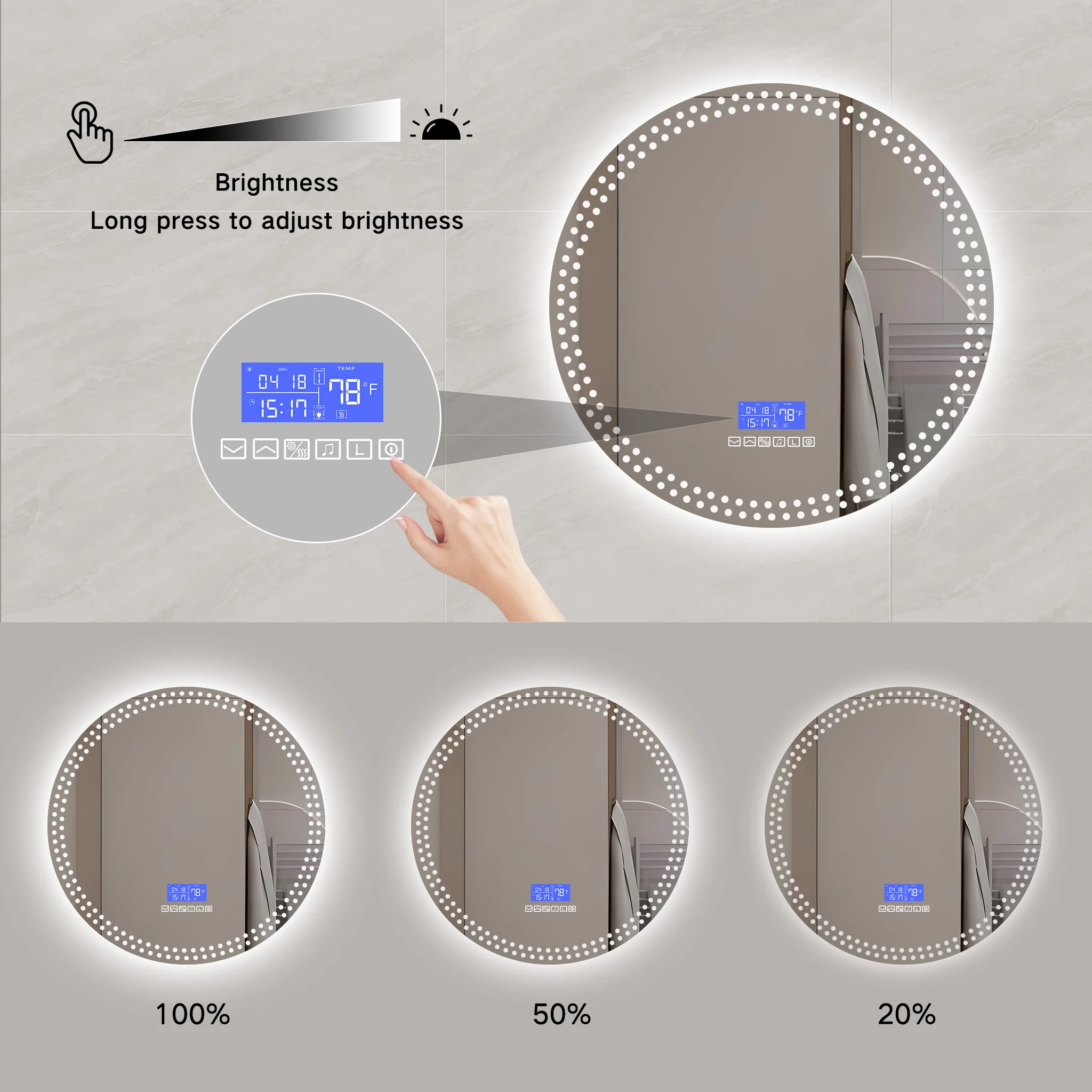 Round Customized LED Smart Design Sanding LED Lighted Bathroom Mirror with Radio bluetooth for Home/Hotel