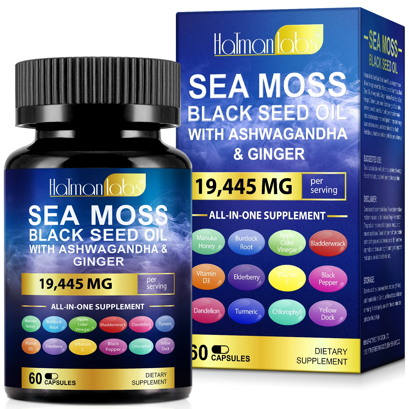 Hatmanlabs 60 capsules sea moss supplement sea moss capsules black seed oil sea moss ashwaganda capsules