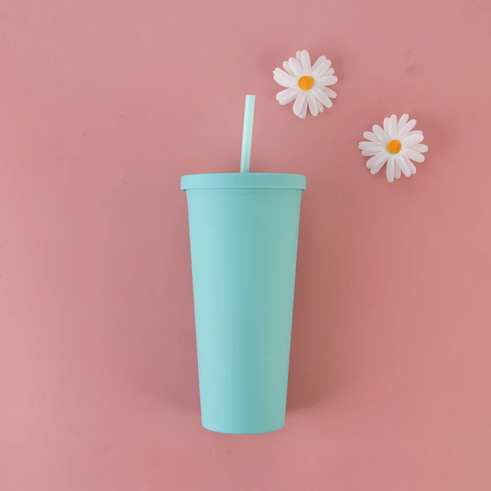 Water Bottle Eco 24oz Skinny Tumbler Double Wall Plastic Tumbler Pastel Colored Acrylic Cups with Lids and Straws