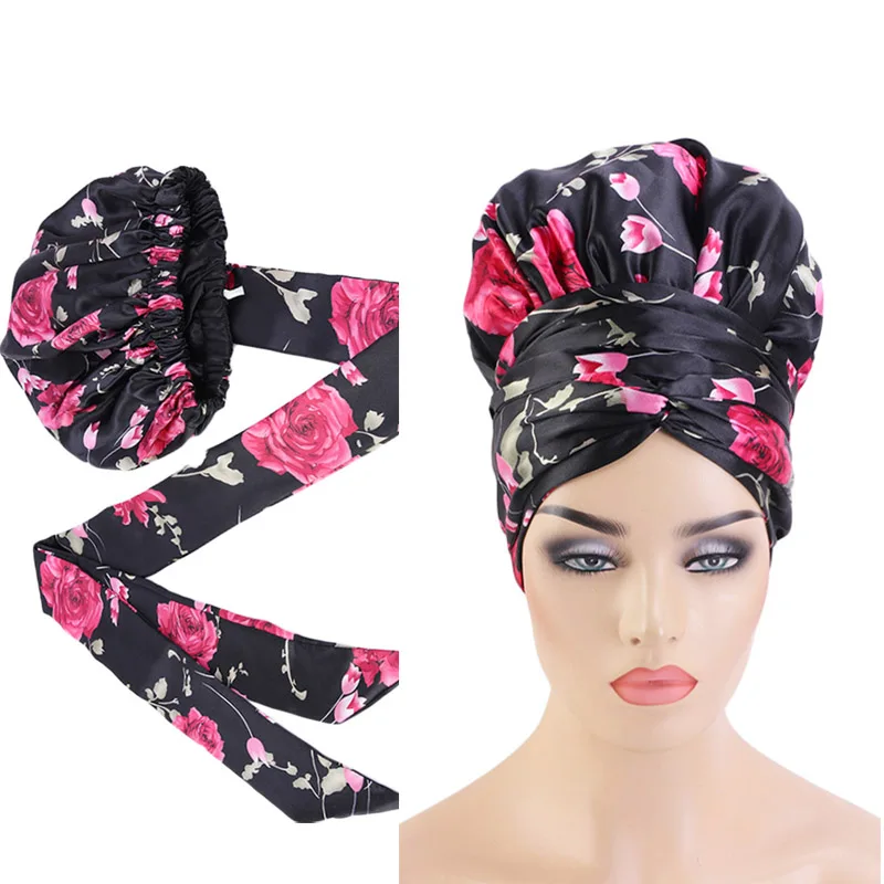 New fashion double layer satin turban bonnet  With Long Tube tail women silky headscarf head wrap headwrap bonnets