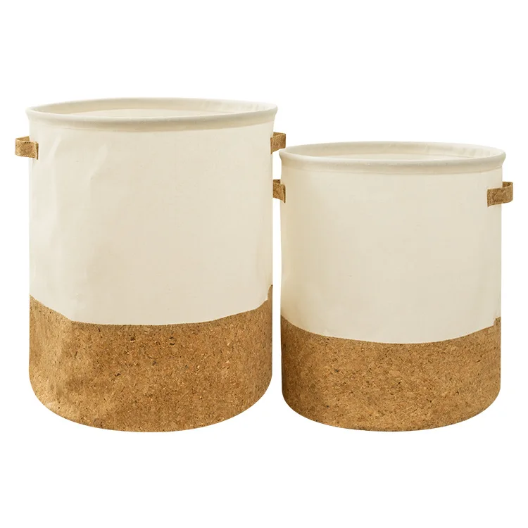 Cotton Linen Storage Bucket Cork Leather Stitching Dirty Clothes Basket Fabric Waterproof Clothes Storage Basket Portable