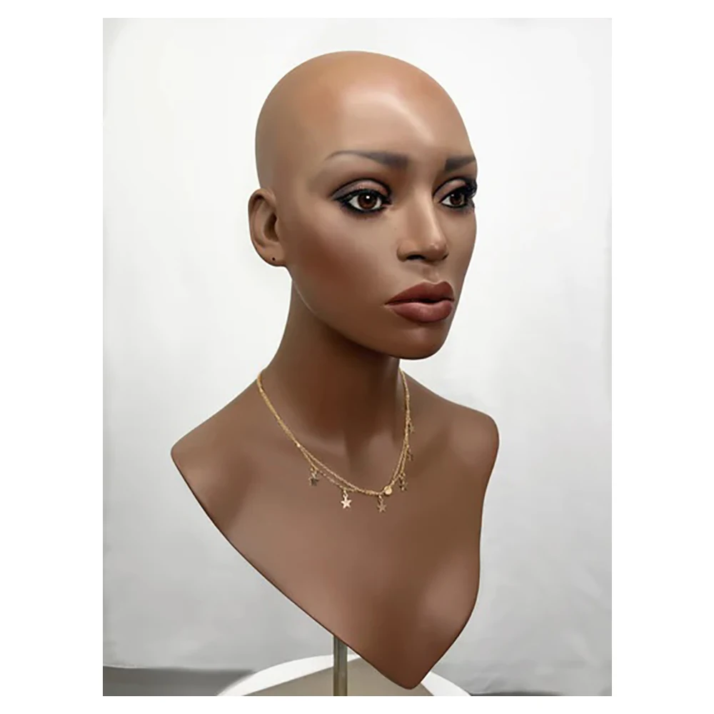 Dark Skin Brown Color Wig Display Mannequin With Custom Make Up