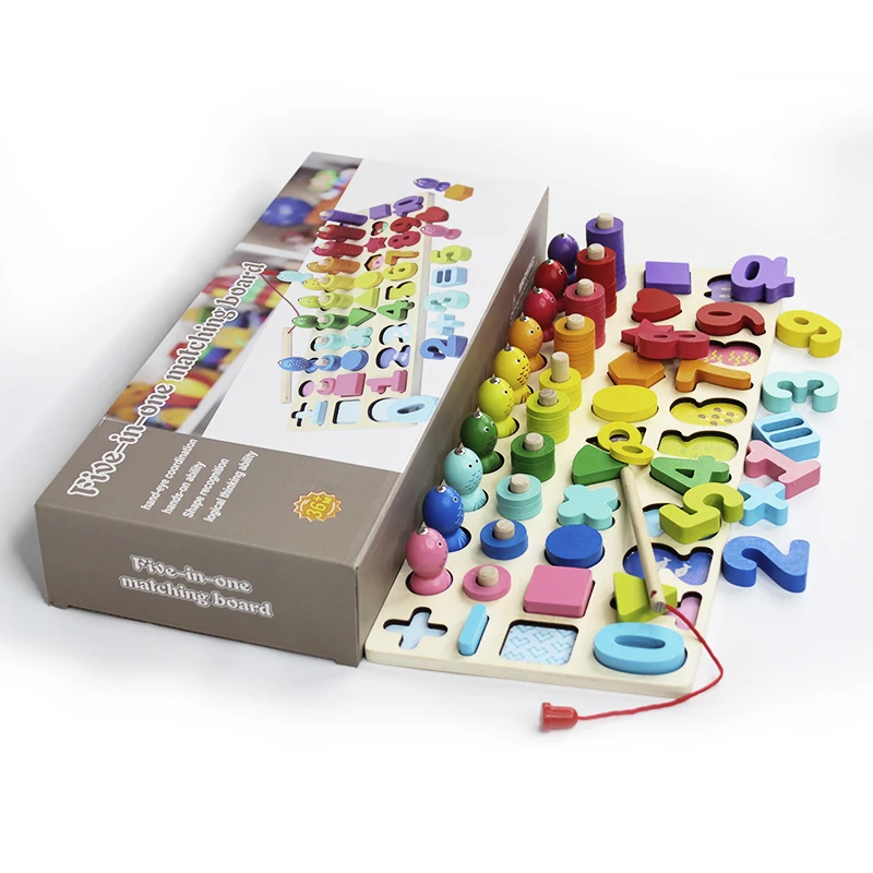 Amazon Hot Selling Number Shape Matching Board  Wooden Fishing Game Educational Toys