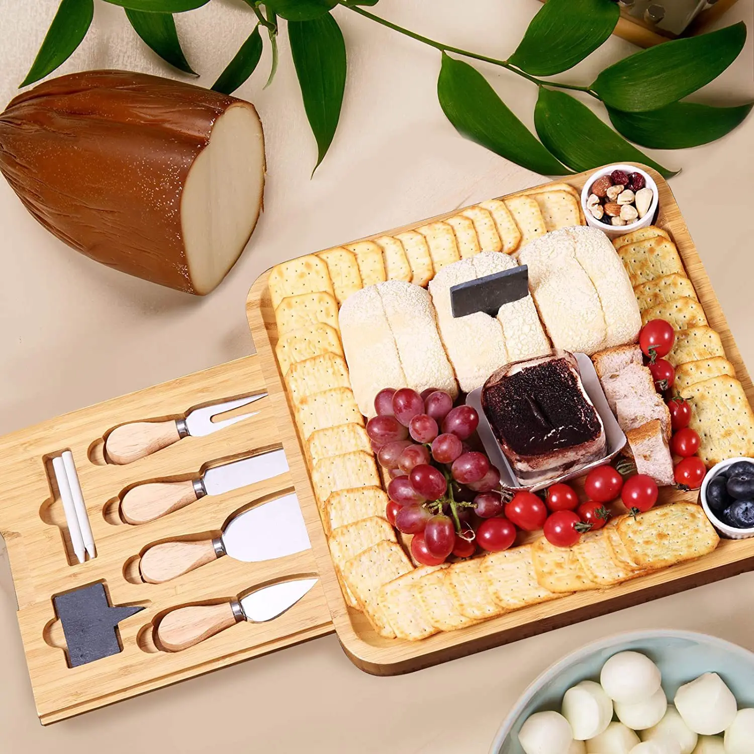 Amazon star inlay knives & cheese board set wooden cheese board and knife set with cutlery set