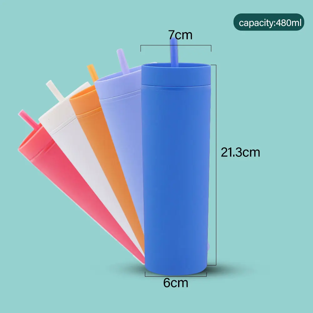 Matte Grey Tumblers with Lids and Straws 16oz Skinny Tumblers Bulk Double Walled Plastic Acrylic Pastel Tumblers Cups