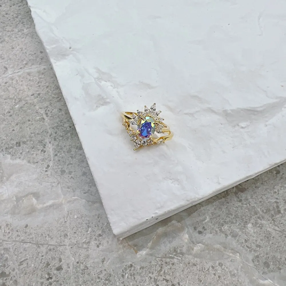 Gold Plated 925 Sterling Silver Luxury Oval Moonstone  Crown Women Ring Set Foe Wedding