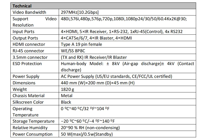 HDBaseT matrix  rs232 control 4X4 4K@60HZ 4:4:4 2.1HDMI hdmi matrix audio output