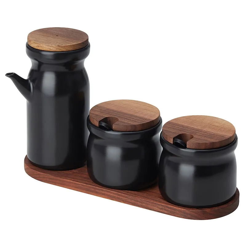 Kitchen 3 Piece Black Ceramic Oil Vinegar Bottle Spice Seasoning Storage Container Jar Set with Acacia Wooden Lids Tray Spoon