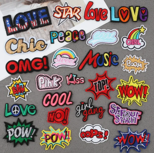 2022 Wholesale Sewing Bling Sublimation Sequin Patches Letter Iron on Embroidered Love Word Patches for Clothing Hat Jackets